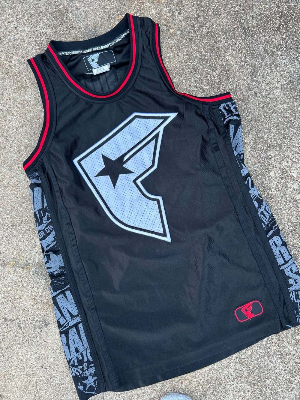 Famous Stars and Straps Black and Red Basketball Jersey y2k baggy fit Size M